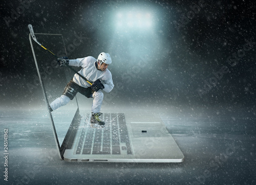 Photography Caucasian ice hockey Players in dynamic action in a professional