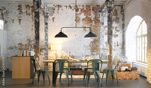 vintage loft apartment with brick wall 3d rendering