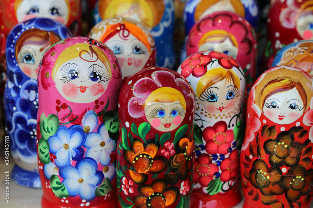 Russian nesting dolls in the souvenir shop. Traditional wooden matryoshka dolls