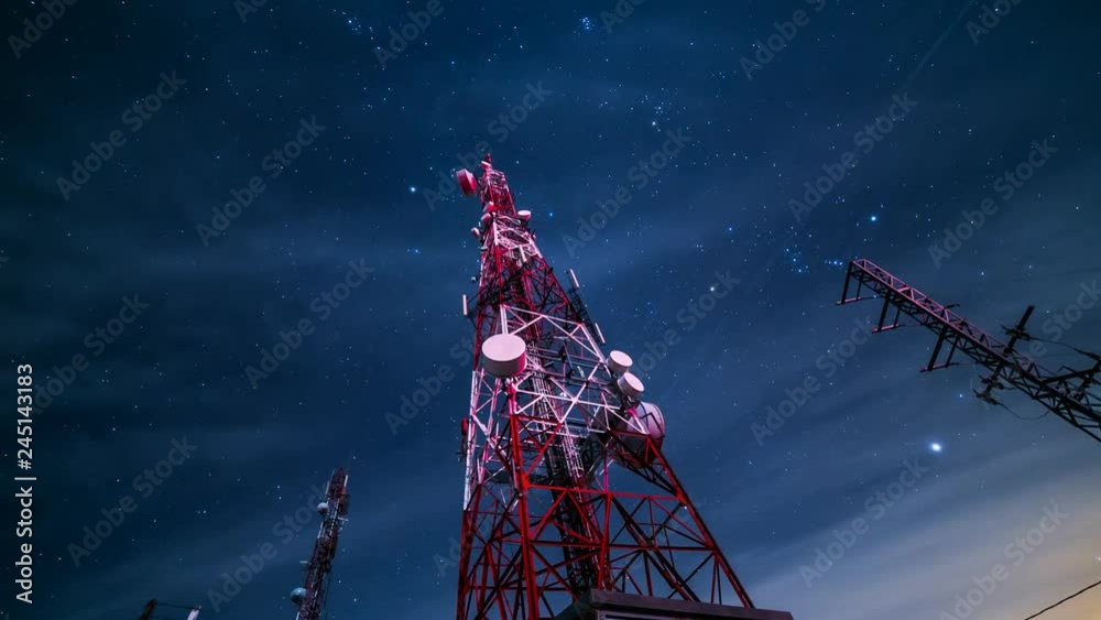 Sky time lapse night on tower radio antenna