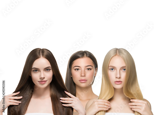 Beautiful hair women group beauty concept woman with long hairstyle different color and fashion isolated on white. Curly and smooth brunette and blonde hair model