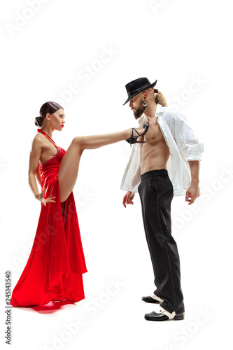 Portrait of young elegance tango dancers isolated over white background