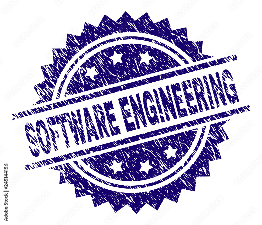 SOFTWARE ENGINEERING stamp seal watermark with distress style. Blue vector rubber print of SOFTWARE ENGINEERING caption with scratched texture.