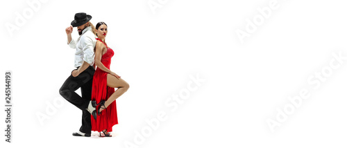 Portrait of young elegance tango dancers isolated over white background