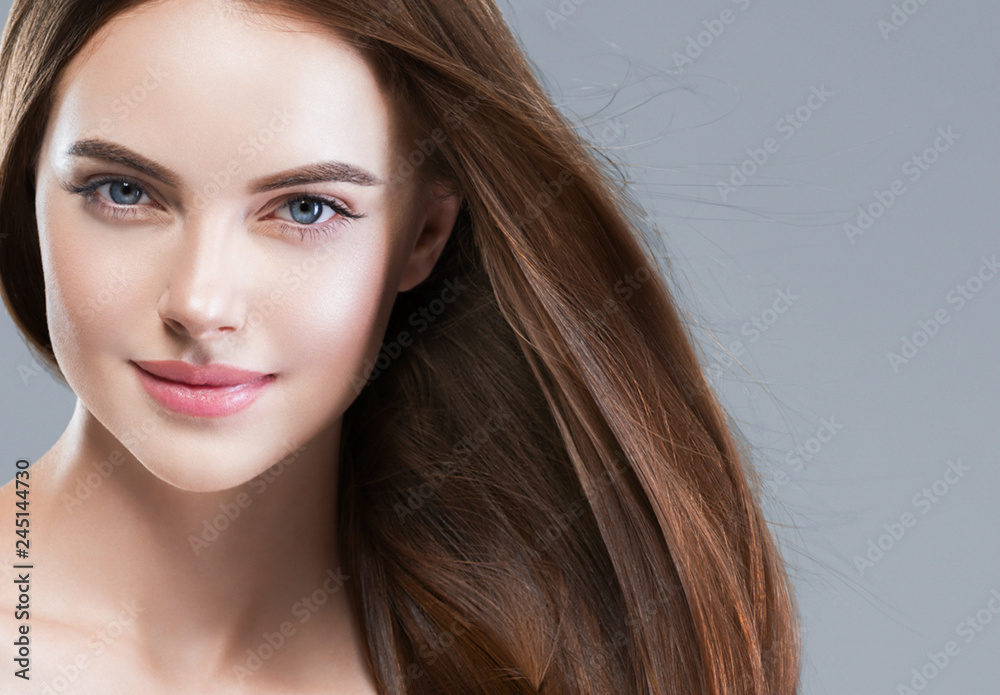 Beautiful hair woman long brunette hairstyle female healthy skin beauty makeup cosmetic concept - obrazy, fototapety, plakaty 