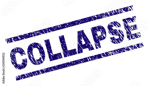 COLLAPSE seal print with distress style. Blue vector rubber print of COLLAPSE label with unclean texture. Text label is placed between parallel lines.