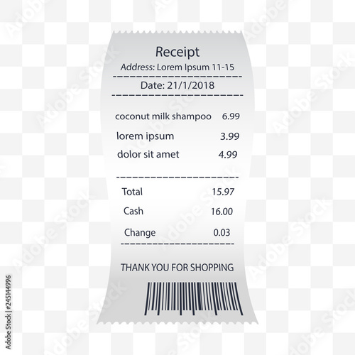 coconut milk shampoo receipt printed, paper financial check. vector illustration