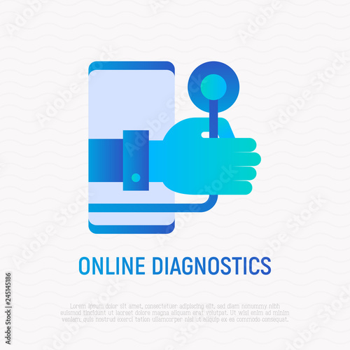Online diagnostics gradient flat icon: hand with stethoscope from screen of smartphone. Modern vector illustration of online medical consultant.