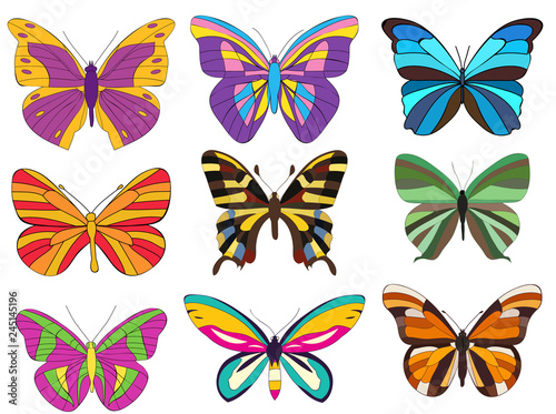 isolated, set of multicolored butterflies
