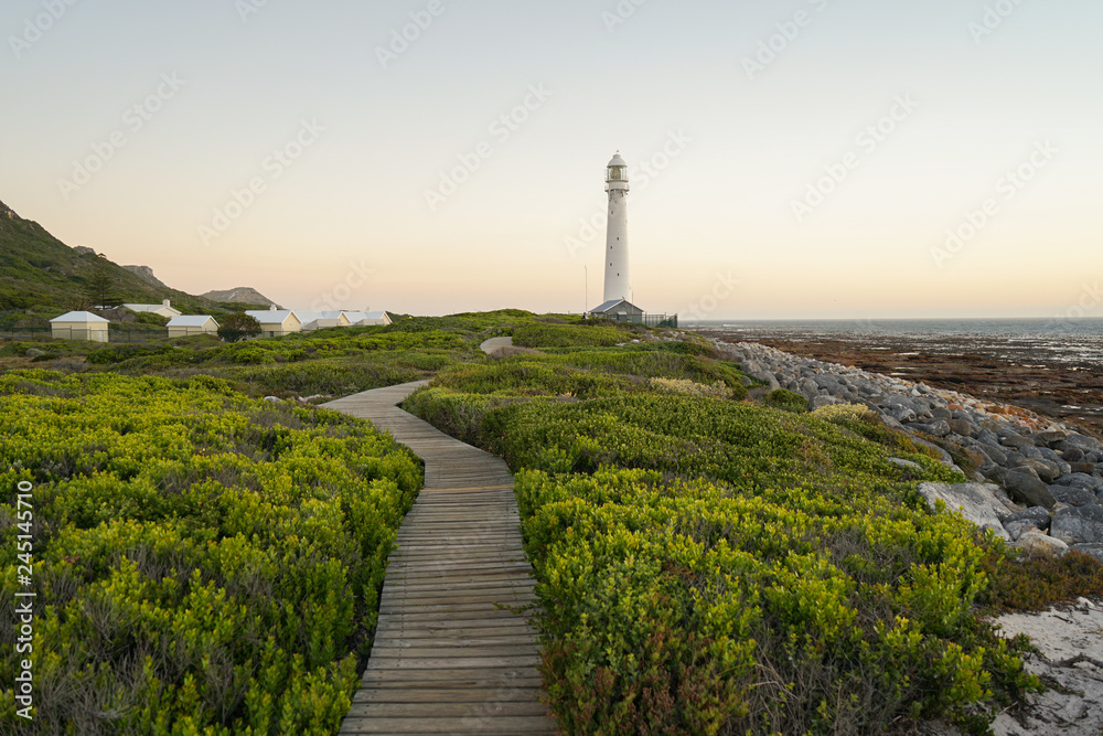 Lighthouse in Kommetjie with Path and Green Flowers Sundown