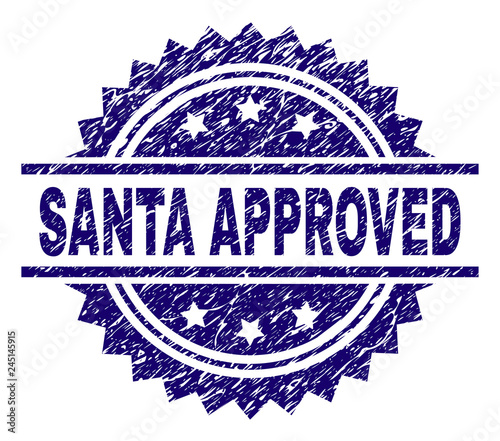 SANTA APPROVED stamp seal watermark with distress style. Blue vector rubber print of SANTA APPROVED caption with unclean texture.