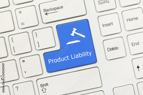 White conceptual keyboard - Product Liability (blue key)