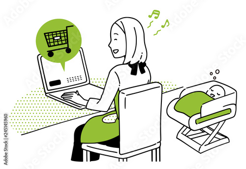 パソコンでネットショッピングをする主婦。