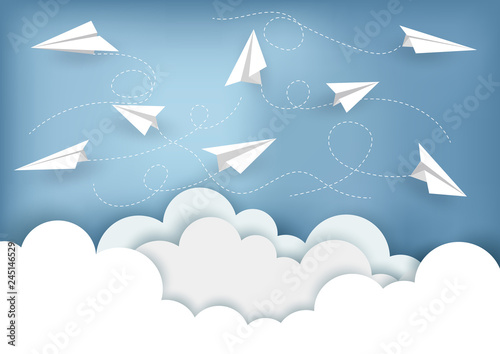 Many white paper planes fly on the sky while flying above a cloud. creative idea. illustration cartoon vector