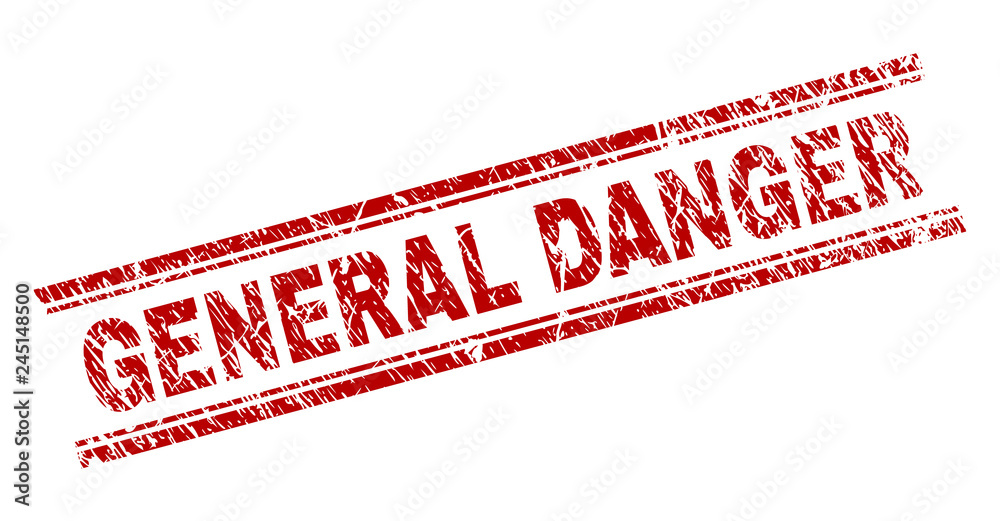 GENERAL DANGER seal print with distress texture. Red vector rubber print of GENERAL DANGER text with corroded texture. Text caption is placed between double parallel lines. GENERAL DANGER seal print with distress texture. Red vector rubber print of GENERAL DANGER text with corroded texture. Text caption is placed between double parallel lines.