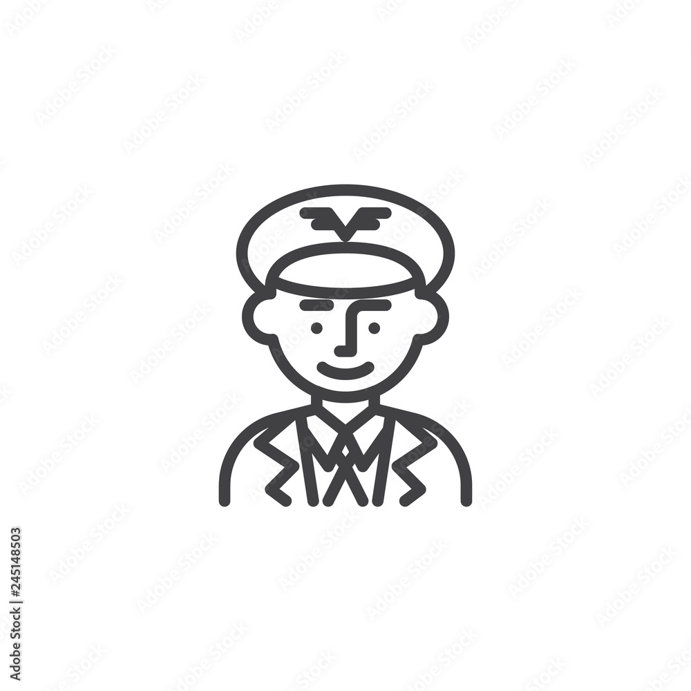 Man pilot avatar line icon. linear style sign for mobile concept and web design. Airline pilot in uniform outline vector icon. Symbol, logo illustration. Pixel perfect vector graphics Man pilot avatar line icon. linear style sign for mobile concept and web design. Airline pilot in uniform outline vector icon. Symbol, logo illustration. Pixel perfect vector graphics