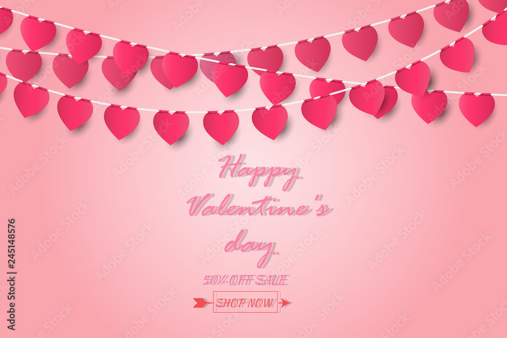 Valentine's day greeting card and love concept with heart shape on pink background,Paper art style.