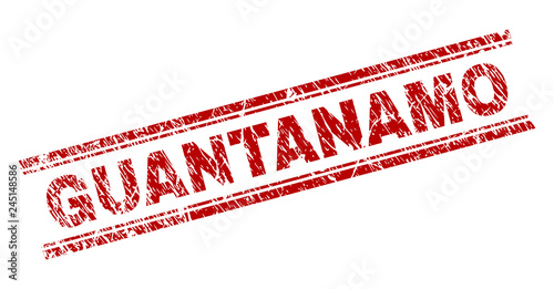 GUANTANAMO seal print with distress texture. Red vector rubber print of GUANTANAMO tag with unclean texture. Text caption is placed between double parallel lines.