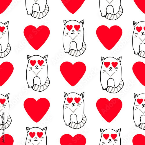 Seamless pattern with cute cats and hearts.