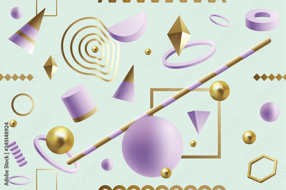 Fun, dynamic seamless pattern with purple and gold 3D geometric shapes floating on a green background Fun, dynamic seamless pattern with purple and gold 3D geometric shapes floating on a green background