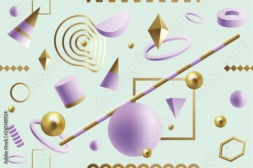 Fun, dynamic seamless pattern with purple and gold 3D geometric shapes floating on a green background
