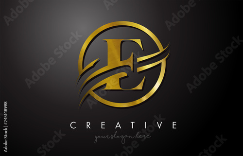 E Golden Letter Logo Design with Circle Swoosh and Gold Metal Texture