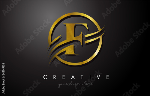 F Golden Letter Logo Design with Circle Swoosh and Gold Metal Texture