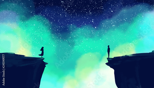 A man and a woman stand on the rocks, one opposite one. Silhouettes of a man and a woman against a stellar blue sky. Digital drawing