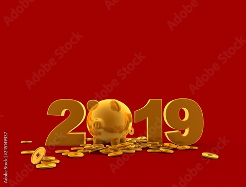 Happy chinese new year 2019 Zodiac sign with golden pig and coins flying / 3D illustration photo