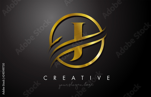 J Golden Letter Logo Design with Circle Swoosh and Gold Metal Texture