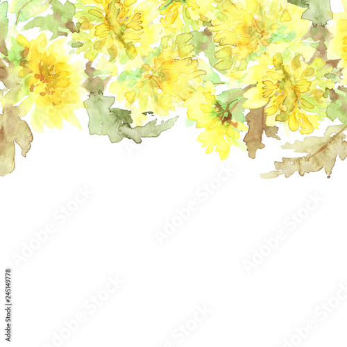 Floral frame. Yellow flowers border. Floral background with dandelions.
