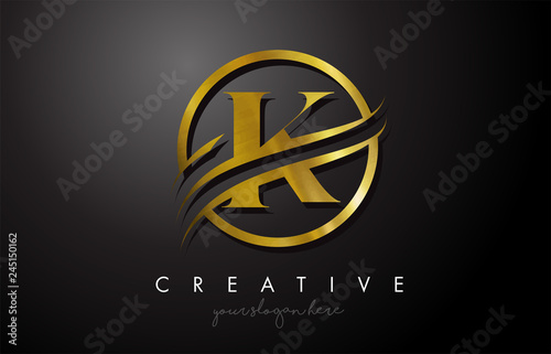 K Golden Letter Logo Design with Circle Swoosh and Gold Metal Texture photo