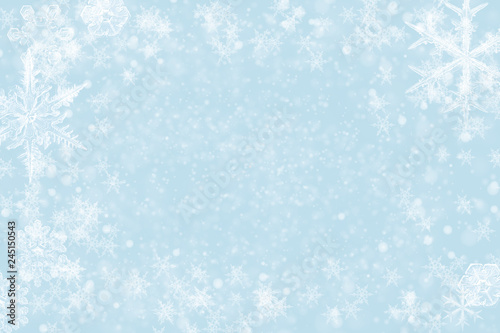 Abstract christmas background - glitter and snowflakes frame on blue background, with copy space