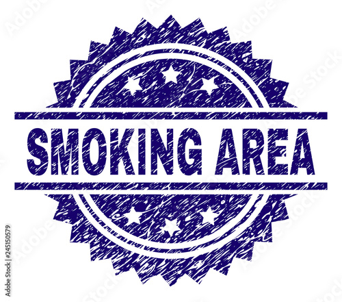 SMOKING AREA stamp seal watermark with distress style. Blue vector rubber print of SMOKING AREA text with dust texture.