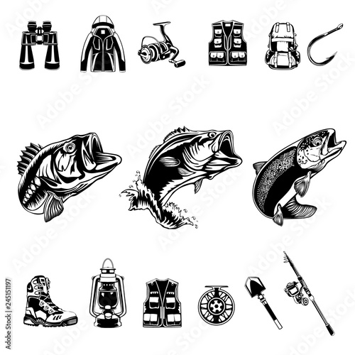 Fishing set. Camping theme. Bass fish. Recreation symbols collection. Equipment for rest. Fishing tools vector illustration.