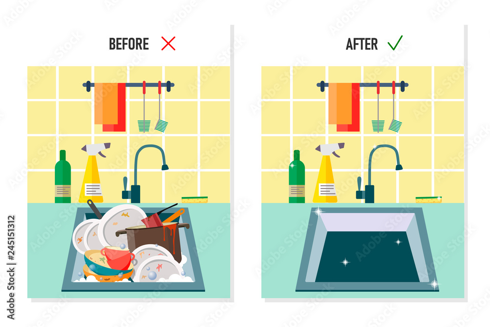 Sink with dirty dishes BEFORE and clean sink AFTER. Vector illustration in  cartoon style. Stock Vector | Adobe Stock