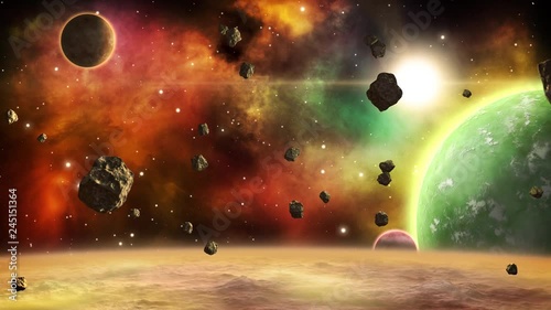 Seamless cosmic background. Space scene with planets, asteroids and nebula.