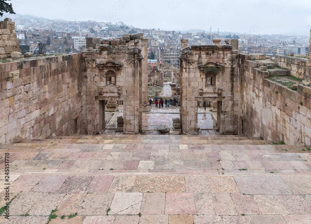 Steps leading to the Temple of Artemis in ruins of the great Roman city of Jerash - Gerasa, destroyed by an earthquake in 749 AD, located in Jerash city in Jordan