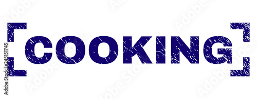 COOKING text seal print with corroded style. Text tag is placed between corners. Blue vector rubber print of COOKING with unclean texture.