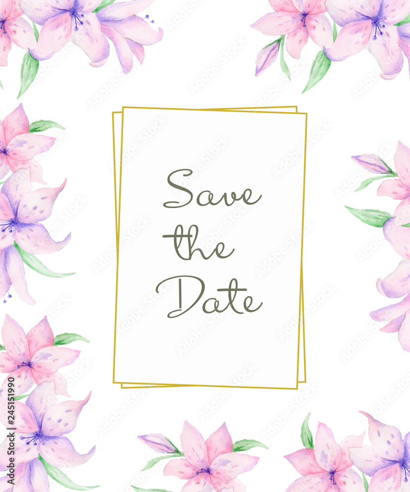 Vertical Floral frame with pink roses and decorative leaves. Watercolor Invitation design. Background to save the date. Greeting card with pink flowers. Gold polygonal frame