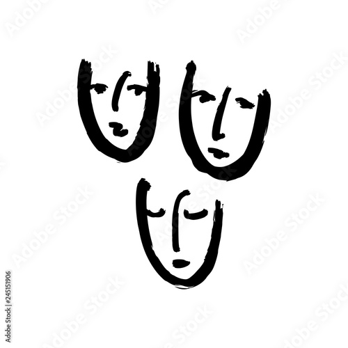 Simple hand drawn black and white trendy line faces art