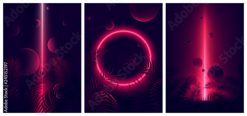 Glowing line red neon reflex on tropical leaves and spheres, Futuristic gradient glow on dark background, Vector retro poster