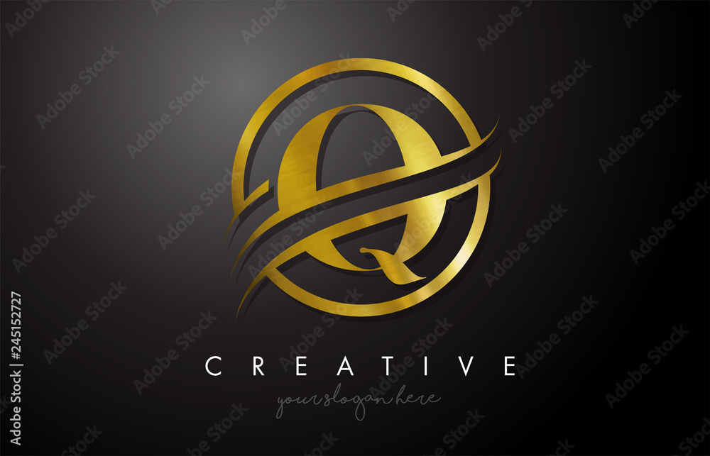 Q Golden Letter Logo Design with Circle Swoosh and Gold Metal Texture ...