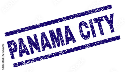 PANAMA CITY seal print with scratced style. Blue vector rubber print of PANAMA CITY text with unclean texture. Text tag is placed between parallel lines.