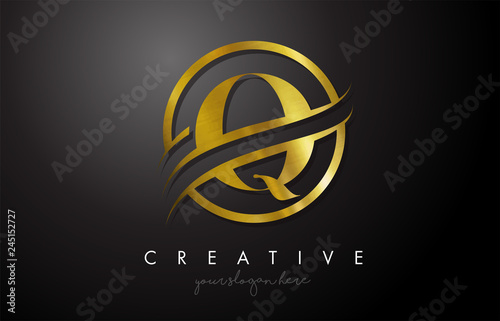 Q Golden Letter Logo Design with Circle Swoosh and Gold Metal Texture