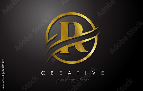 R Golden Letter Logo Design with Circle Swoosh and Gold Metal Texture