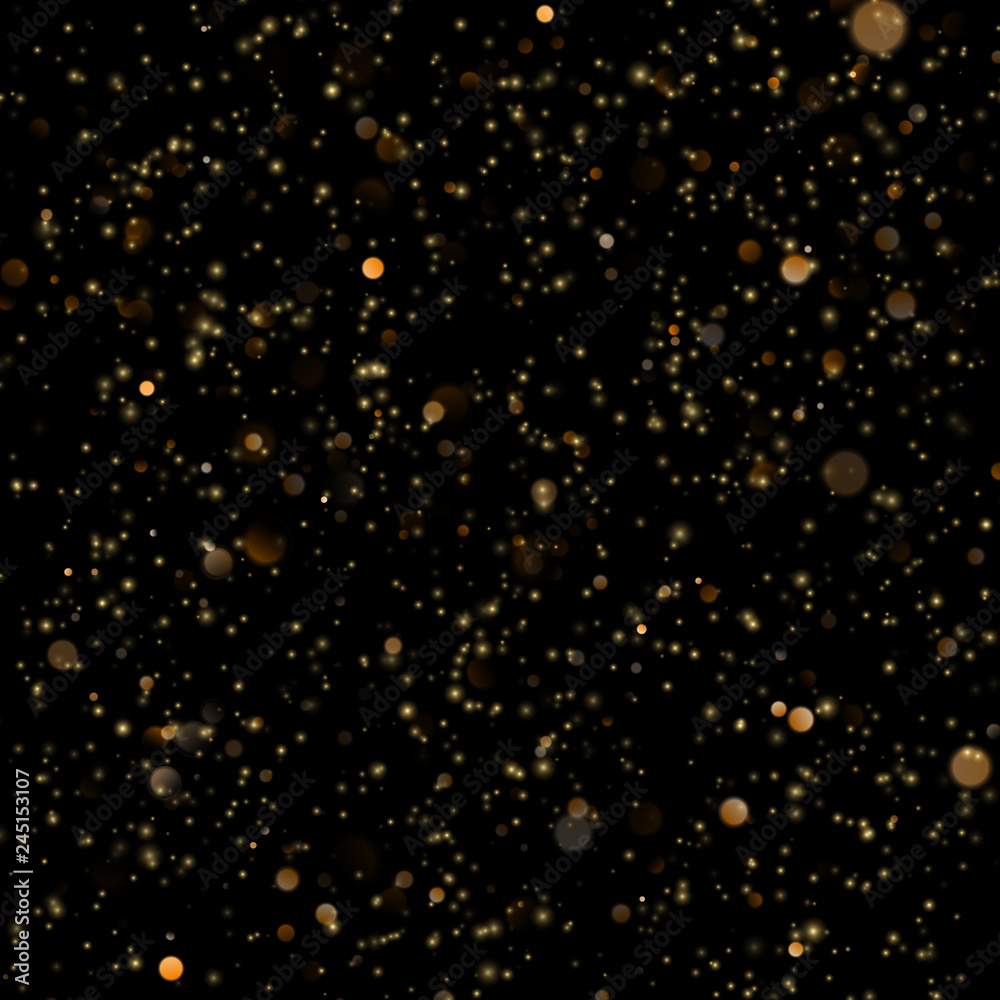 Abstract gold sparkle shine light confetti bokeh on glittering black background. Luxury shimmer texture template. EPS 10