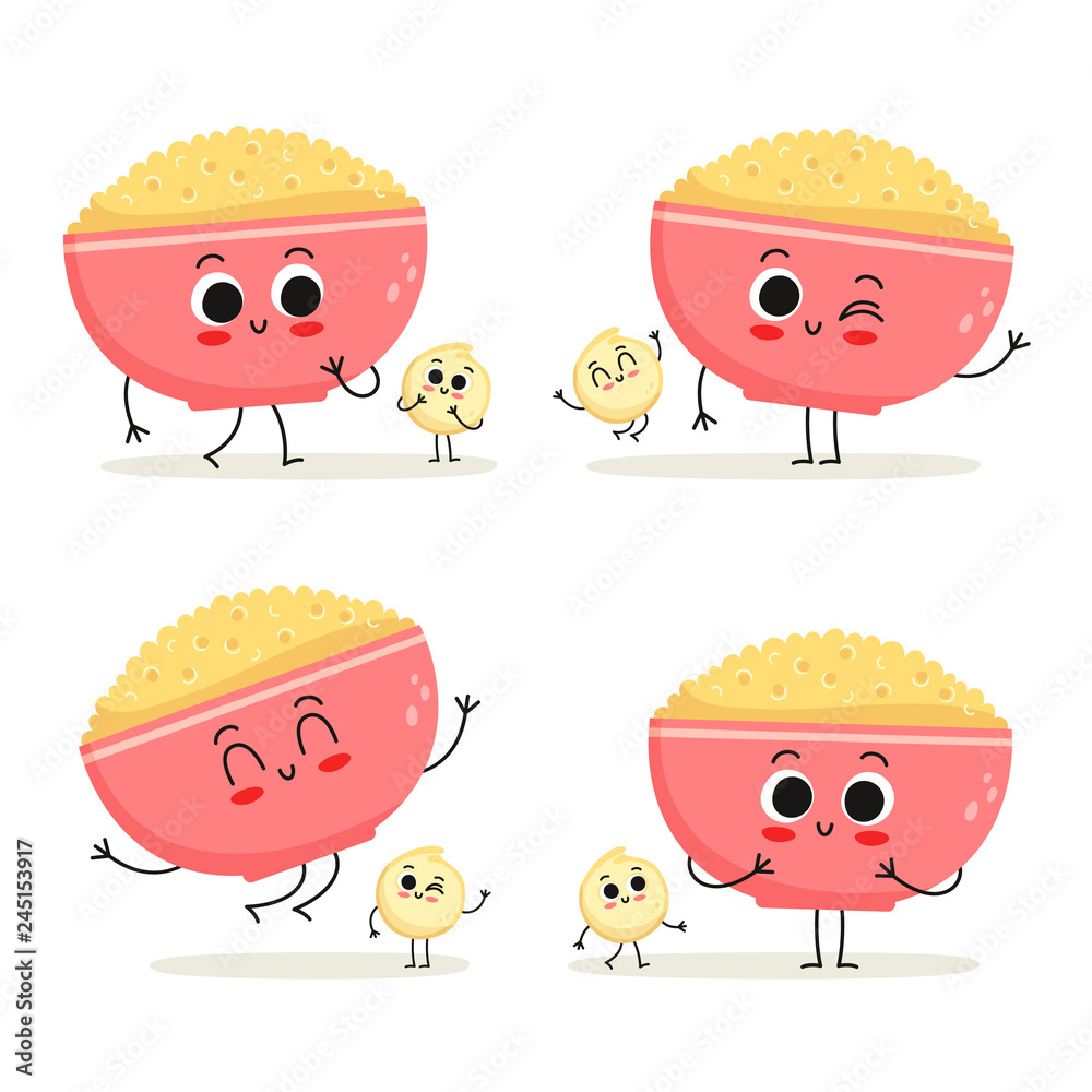 Quinoa. Cute cartoon grain vegan protein food vector character set