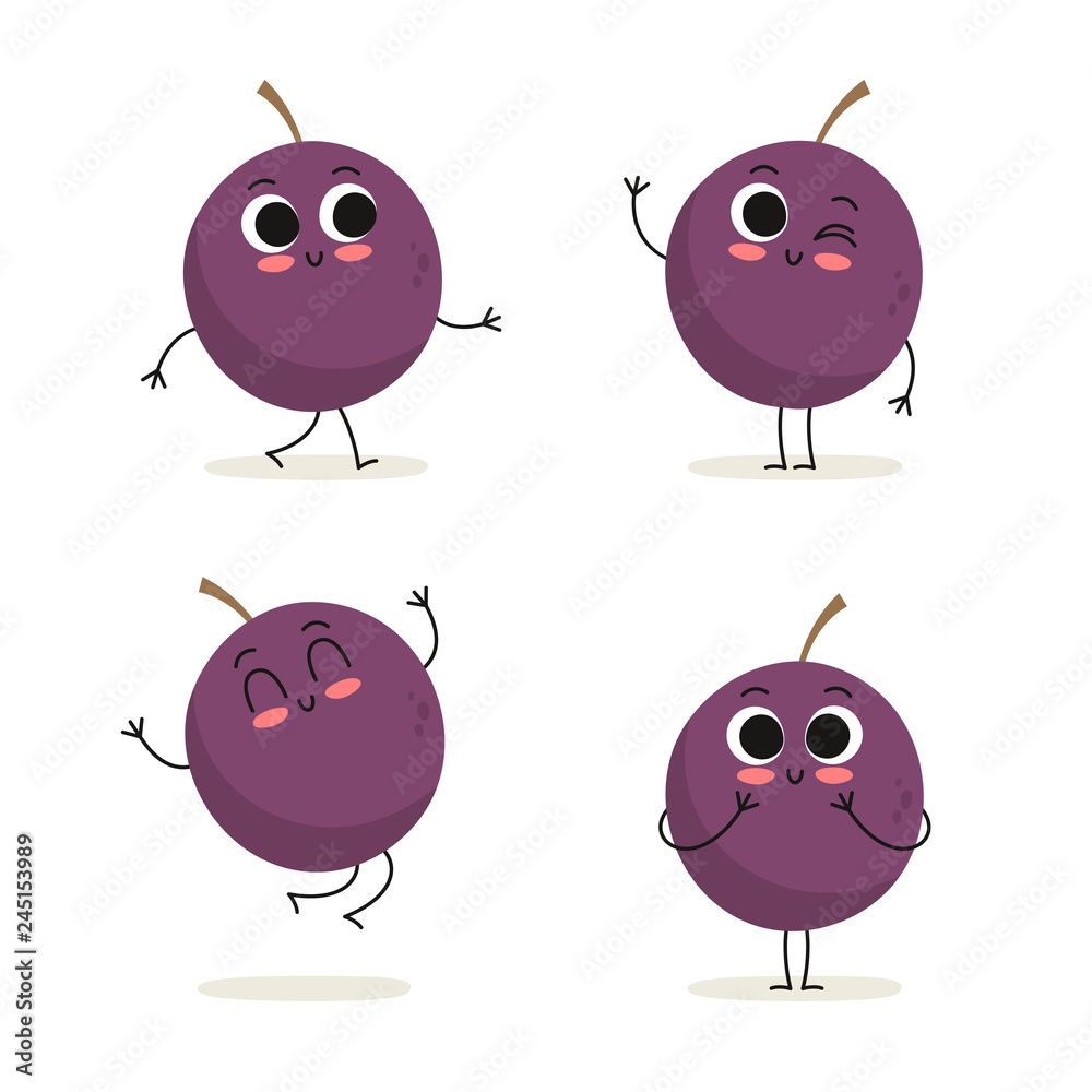 Passion fruit. Cute cartoon exotic fruit vector character set isolated