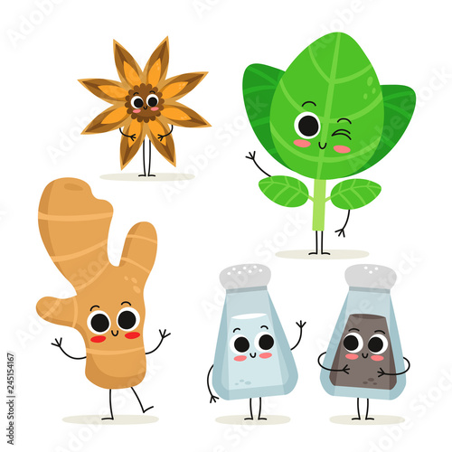 Set of 5 cute cartoon herbs & spices characters isolated on white: anise, oregano, ginger, salt and pepper